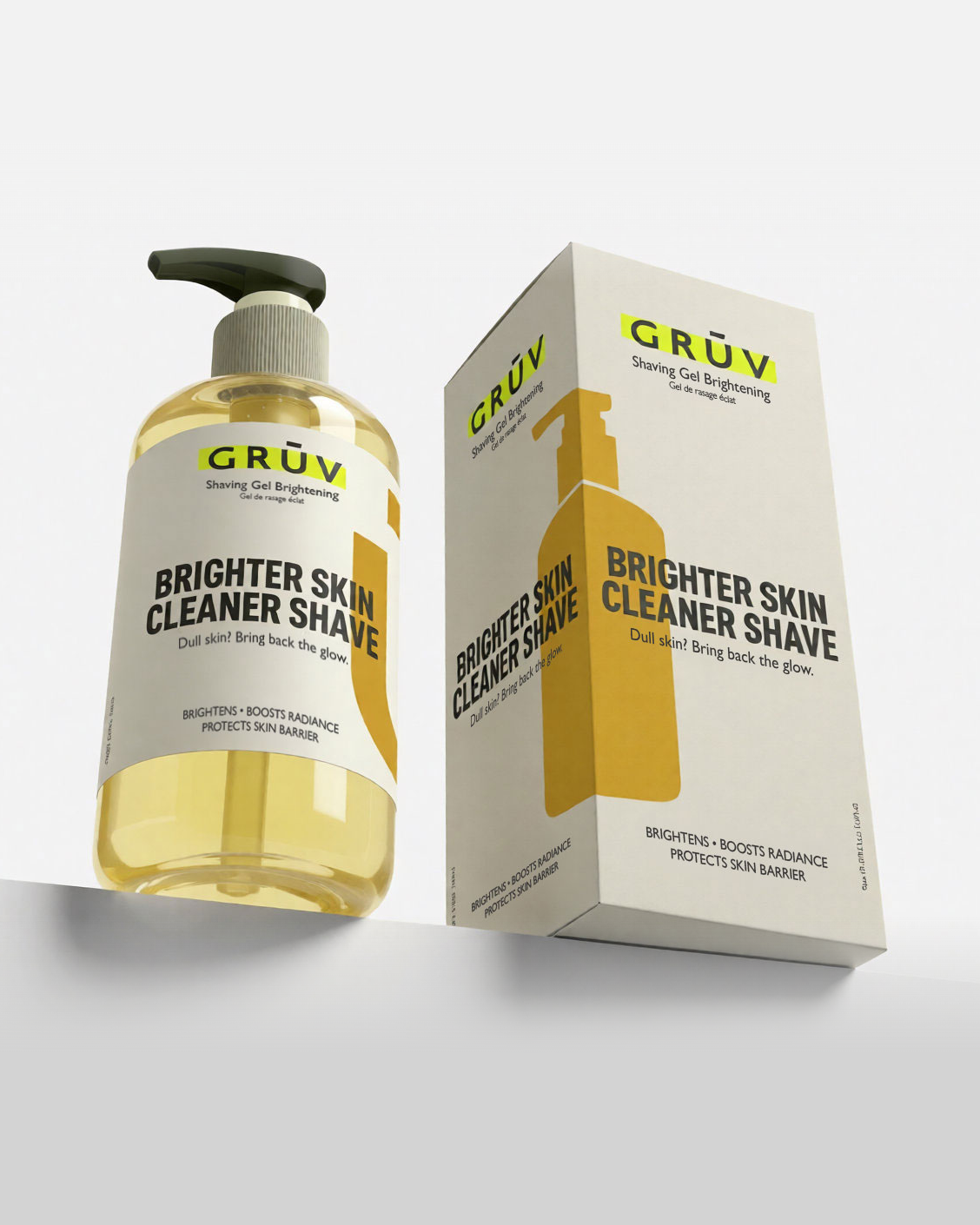 GRŪV shaving gel bottle and carton